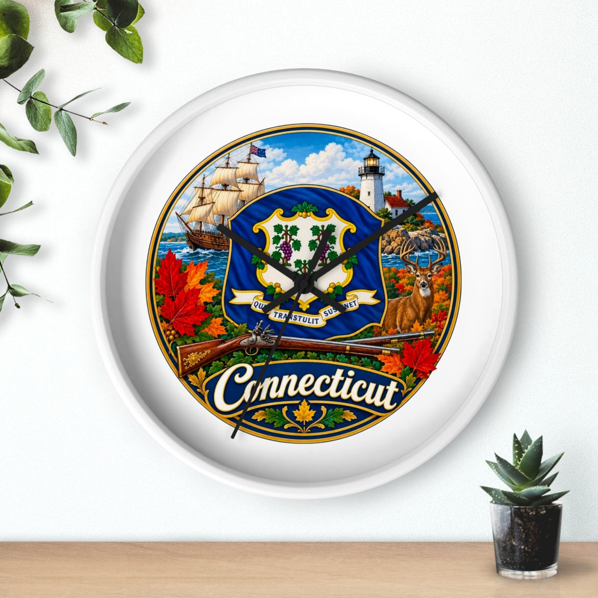 Connecticut State Emblem Wall Clock — Scenic Lighthouse, Ship & Maple Leaf Decor