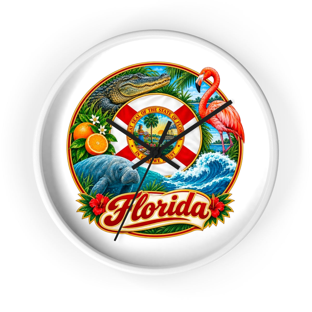 Florida Vintage Travel Wall Clock — Flamingo, Alligator & Citrus Scenic Decor