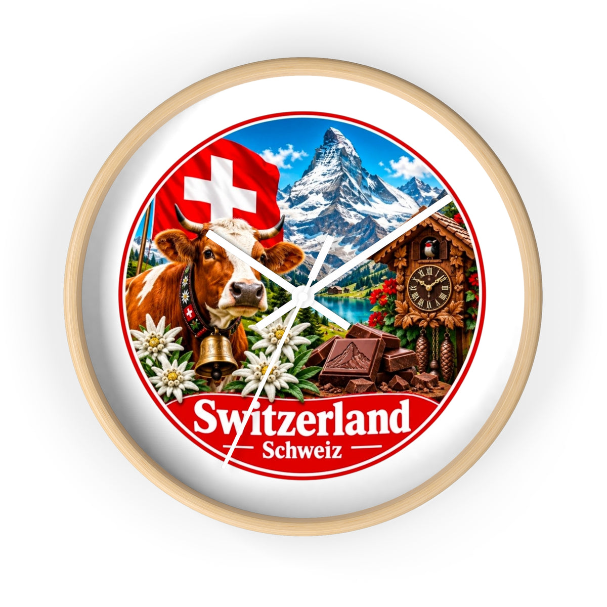 Switzerland Wall Clock — Alpine Cow, Cuckoo Clock & Matterhorn Souvenir