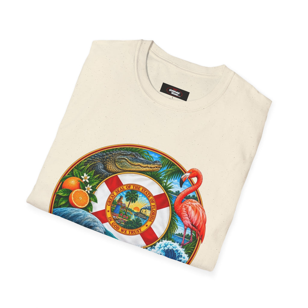 Florida Vintage Lifesaver T-Shirt — Flamingo, Oranges & Ocean Graphic