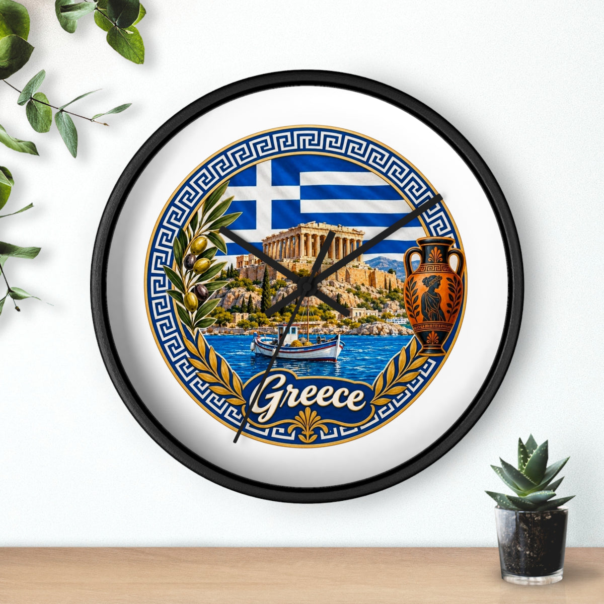 Greece Decorative Wall Clock — Parthenon, Olive Branch & Greek Flag Design