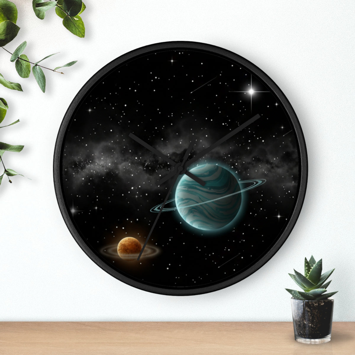 Space Planet Wall Clock — Teal Ringed Planet & Starfield Decorative Clock