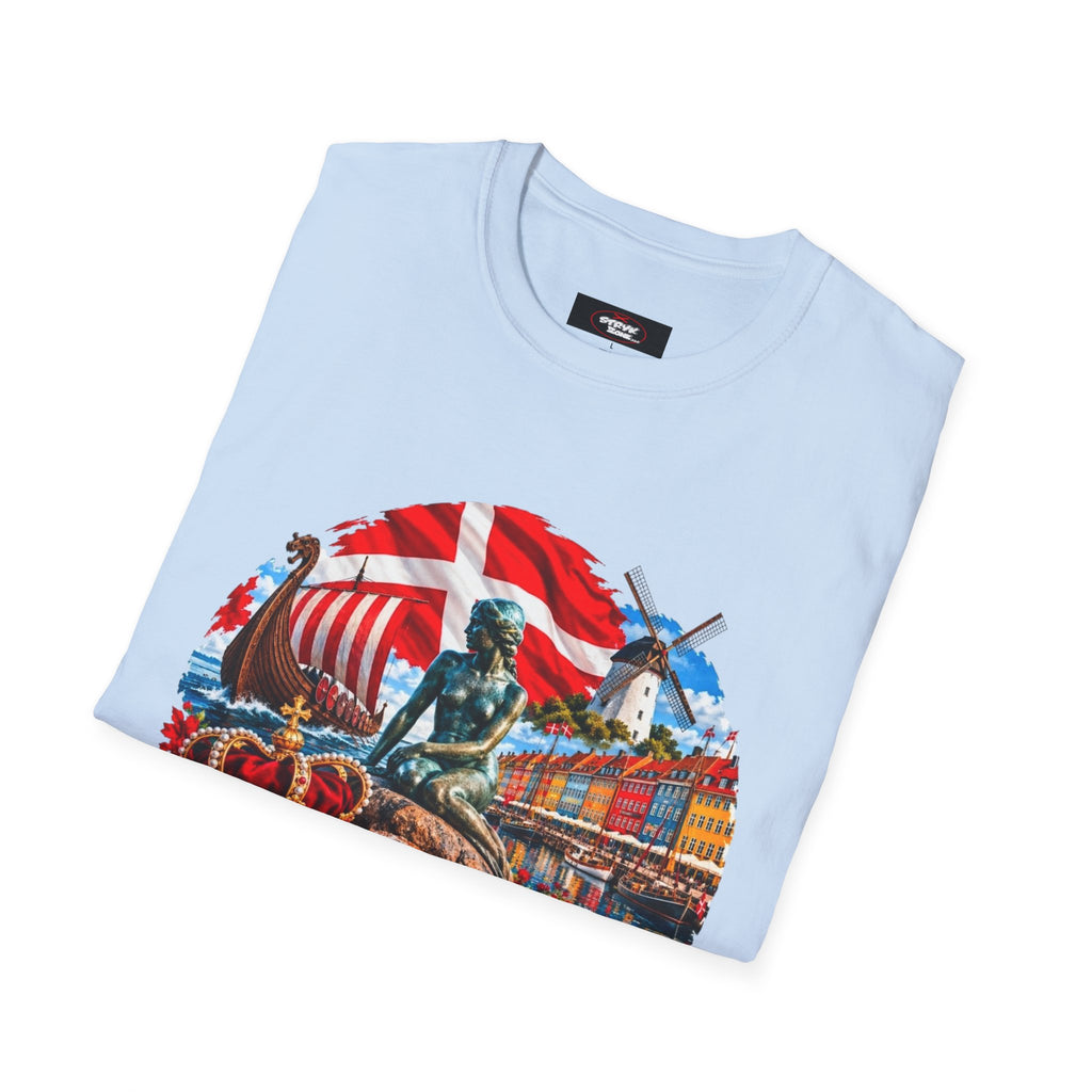 Denmark Travel T-Shirt — Copenhagen Landmarks & Viking Collage Tee