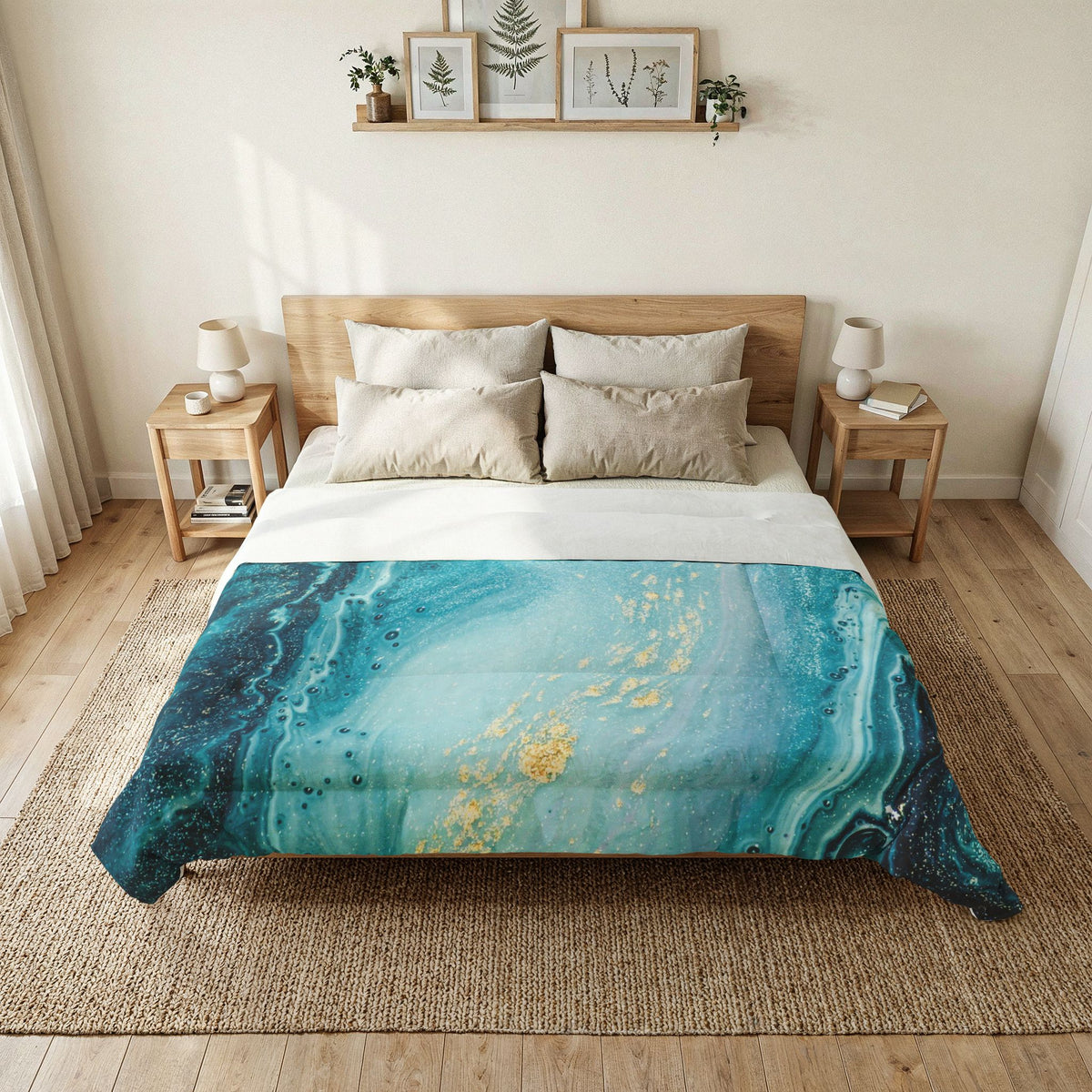 Teal Marble Cotton Comforter – Ocean Blue Abstract Bedding with Gold Veins