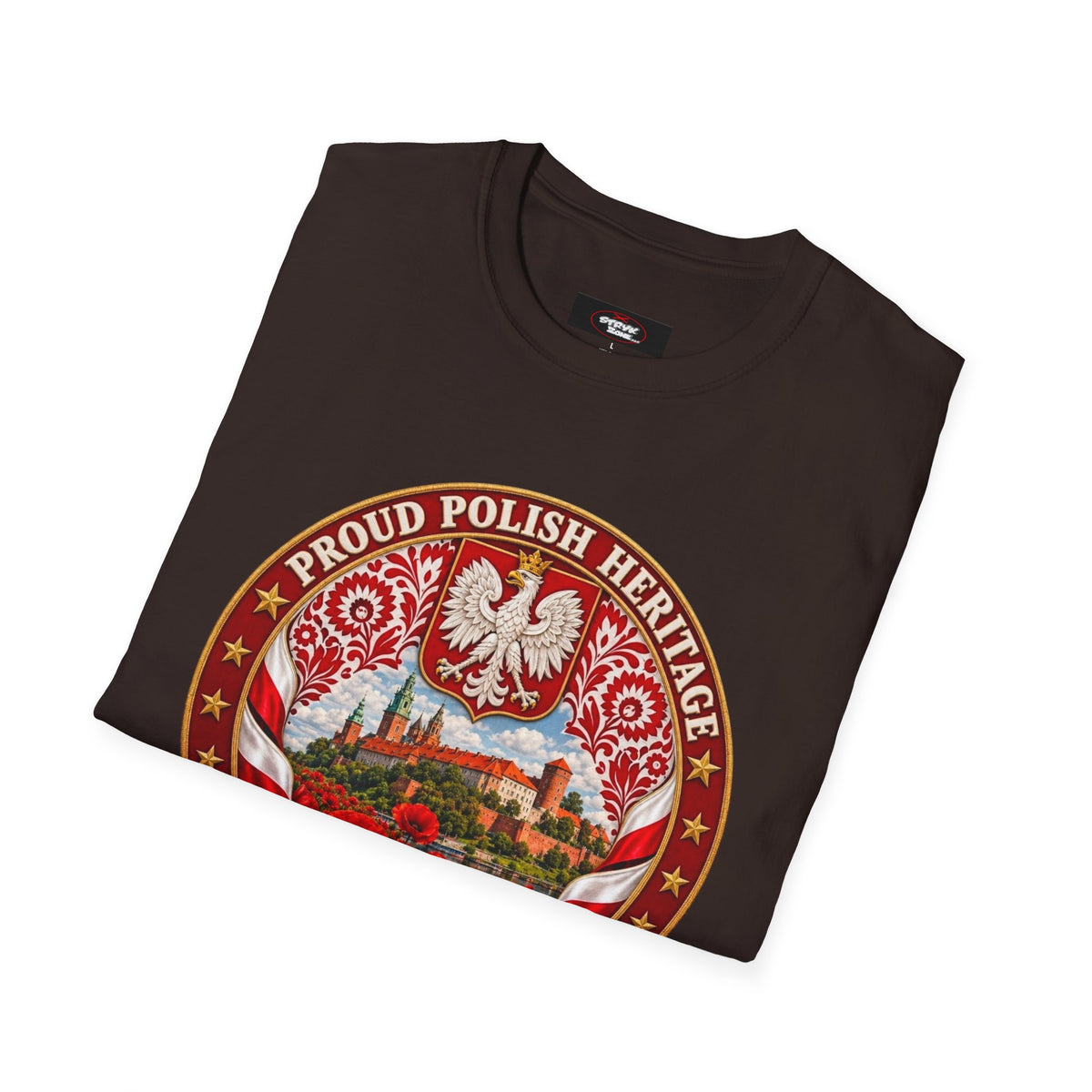 Poland Pride T-Shirt — "Proud Polish Heritage" Circle Crest with White Eagle and Floral Motif