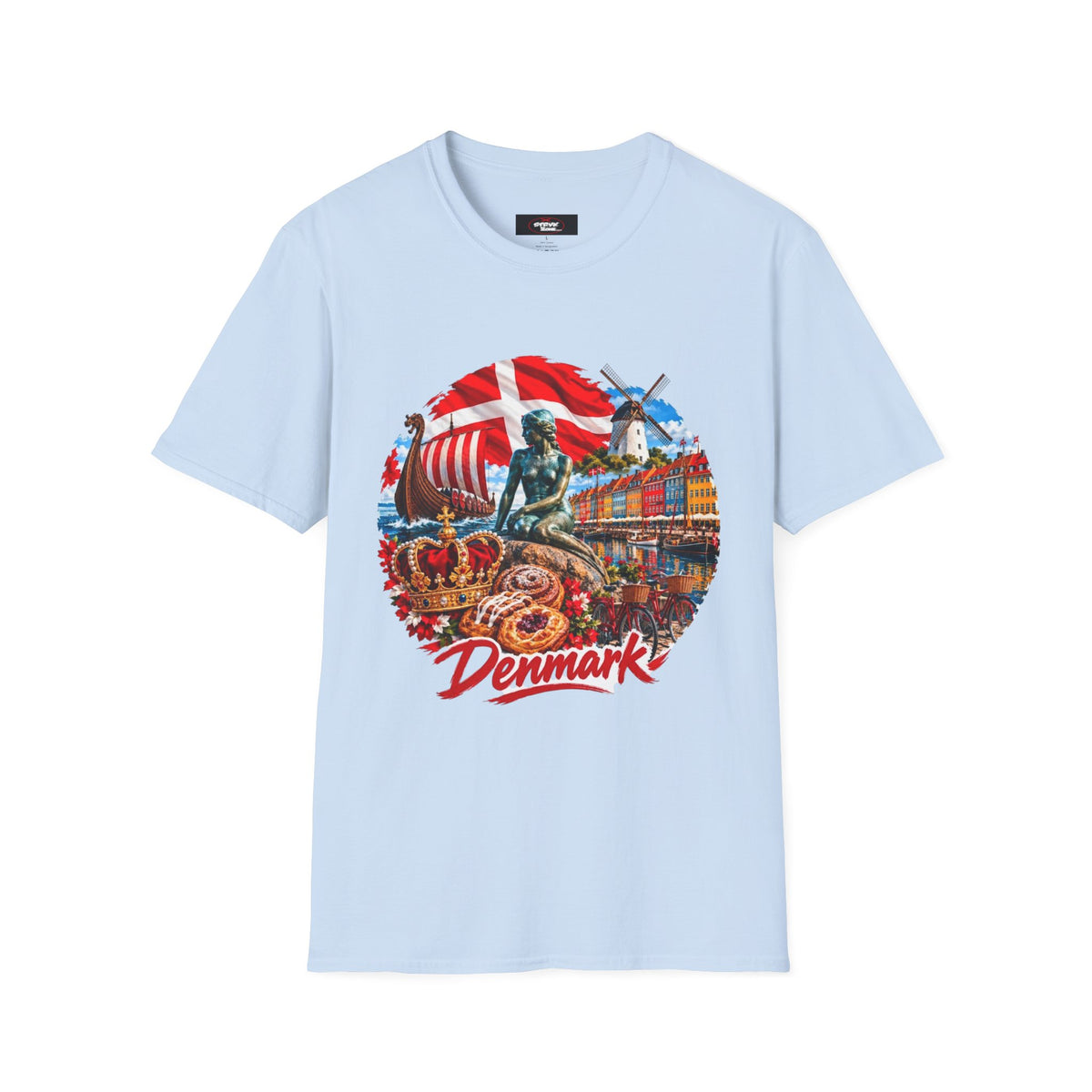 Denmark Travel T-Shirt — Copenhagen Landmarks & Viking Collage Tee