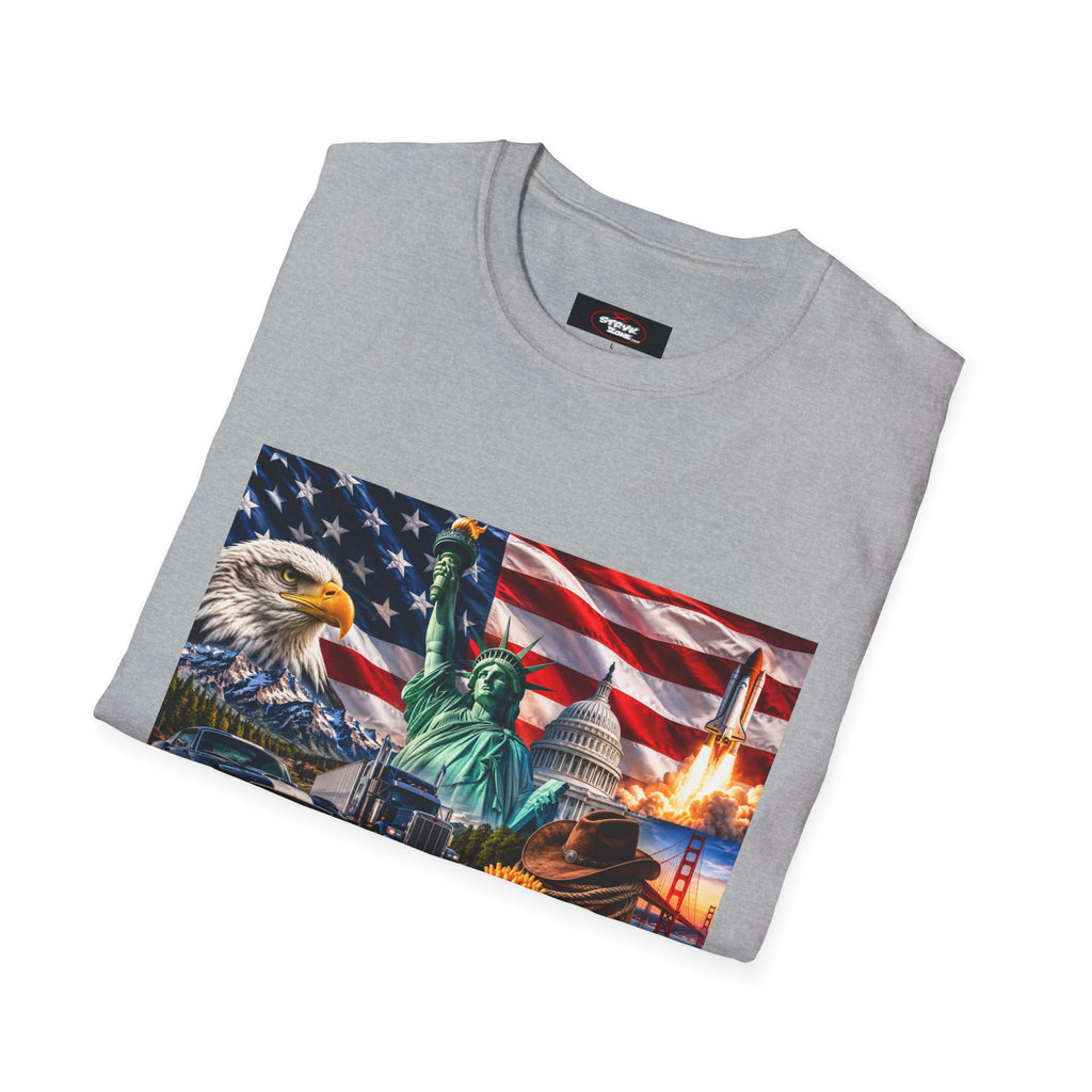 Patriotic USA Montage T-Shirt – Eagle, Statue of Liberty & American Flag Design