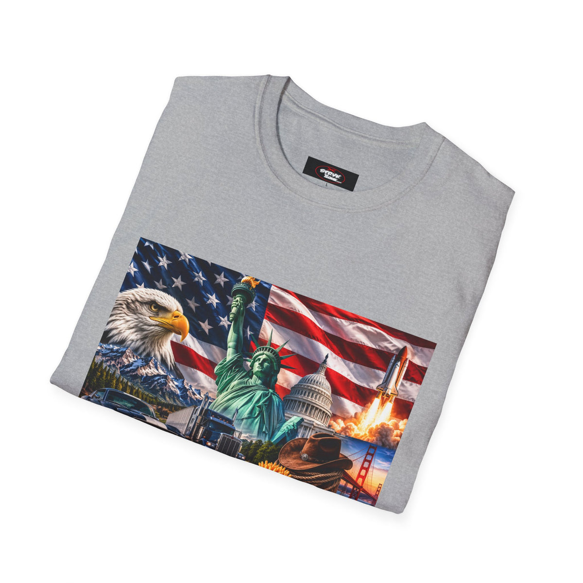 Patriotic USA Montage T-Shirt – Eagle, Statue of Liberty & American Flag Design