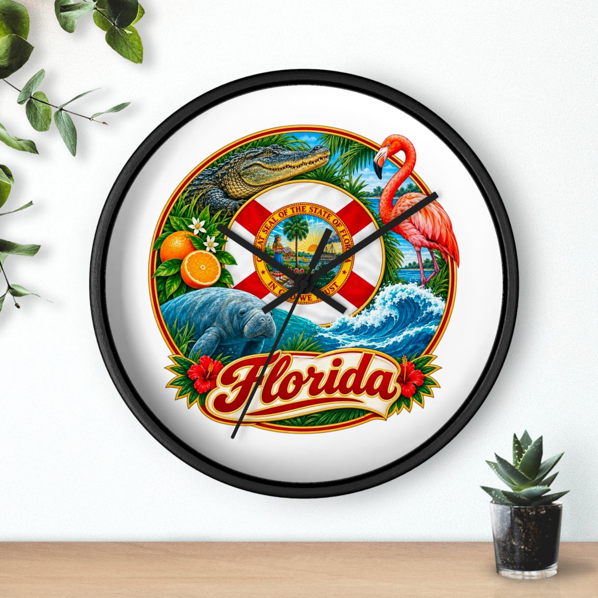 Florida Vintage Travel Wall Clock — Flamingo, Alligator & Citrus Scenic Decor