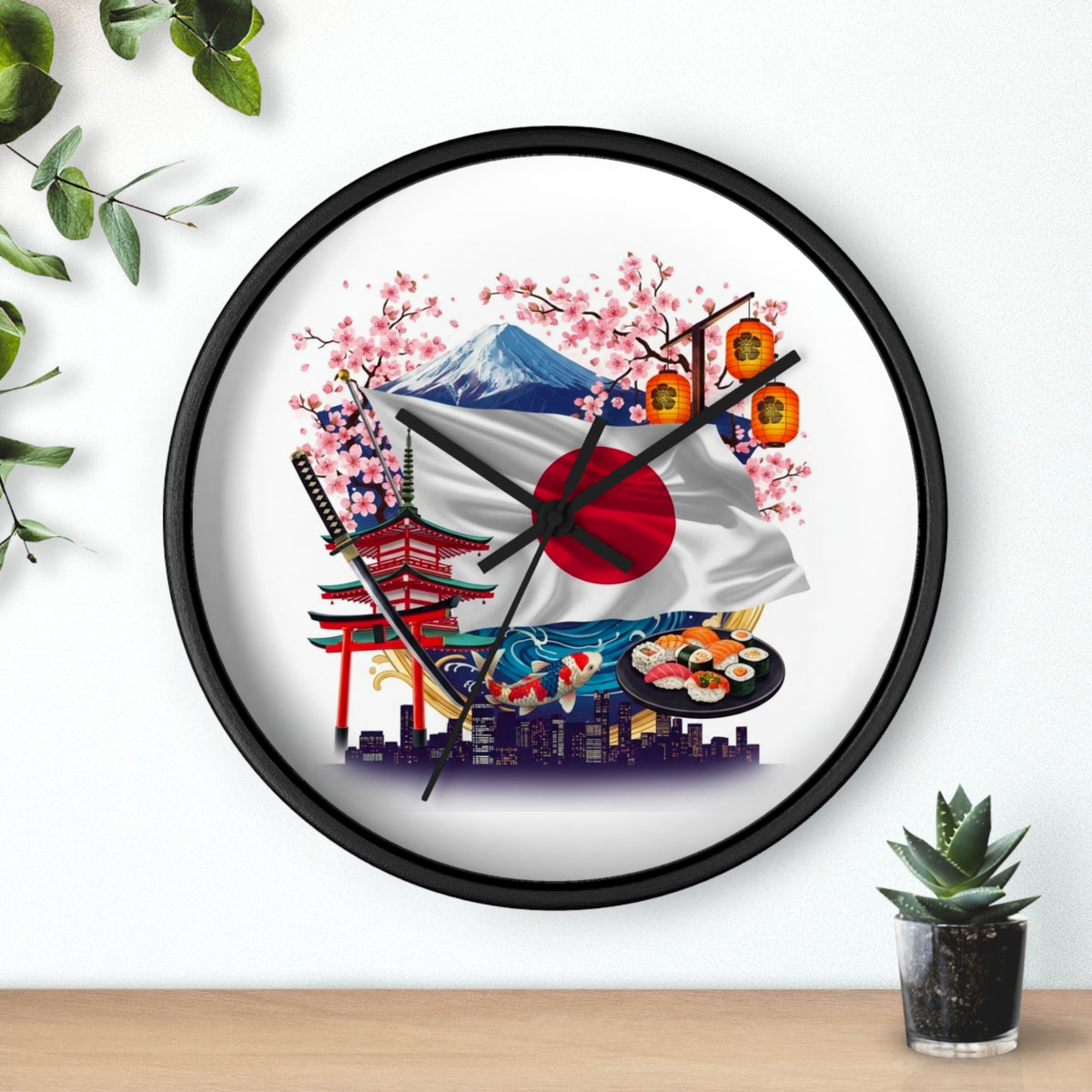 Japanese Flag Wall Clock — Mount Fuji, Sakura & Sushi Decorative Clock