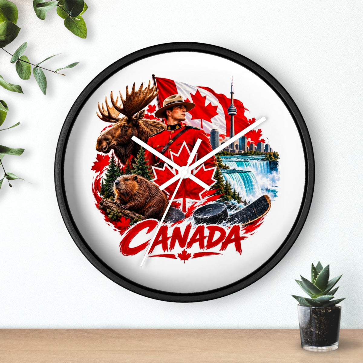 Canada Souvenir Wall Clock — Maple Leaf Moose, Bear & Mountie Collage