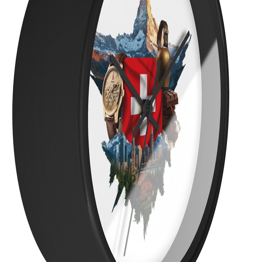 Swiss Heritage Wall Clock – Alpine Crest Design with Swiss Flag, Mountain & Chalet Elements