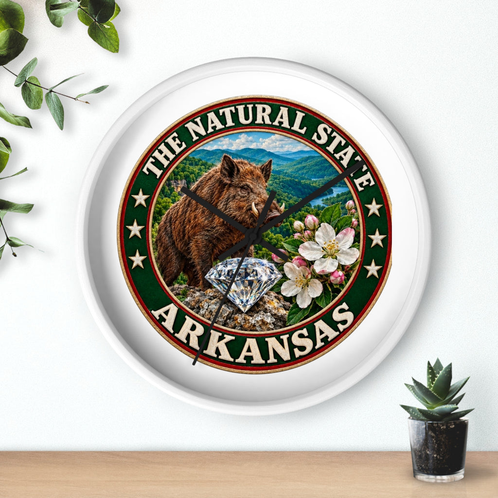 Arkansas State Seal Decorative Wall Clock — 'The Natural State' Bear, Diamond & Apple Blossom Design
