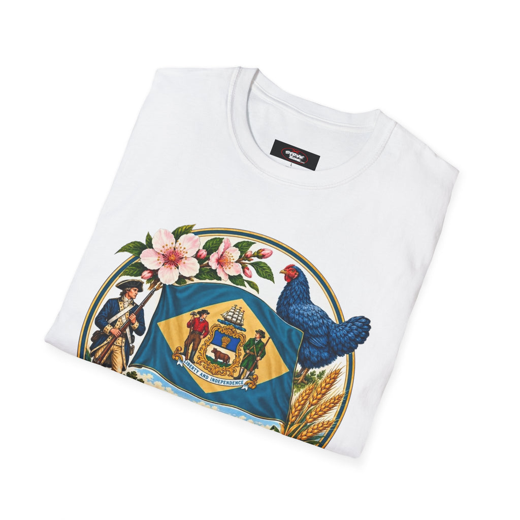 Delaware State Seal Vintage T-Shirt — Floral & Blue Hen State Emblem