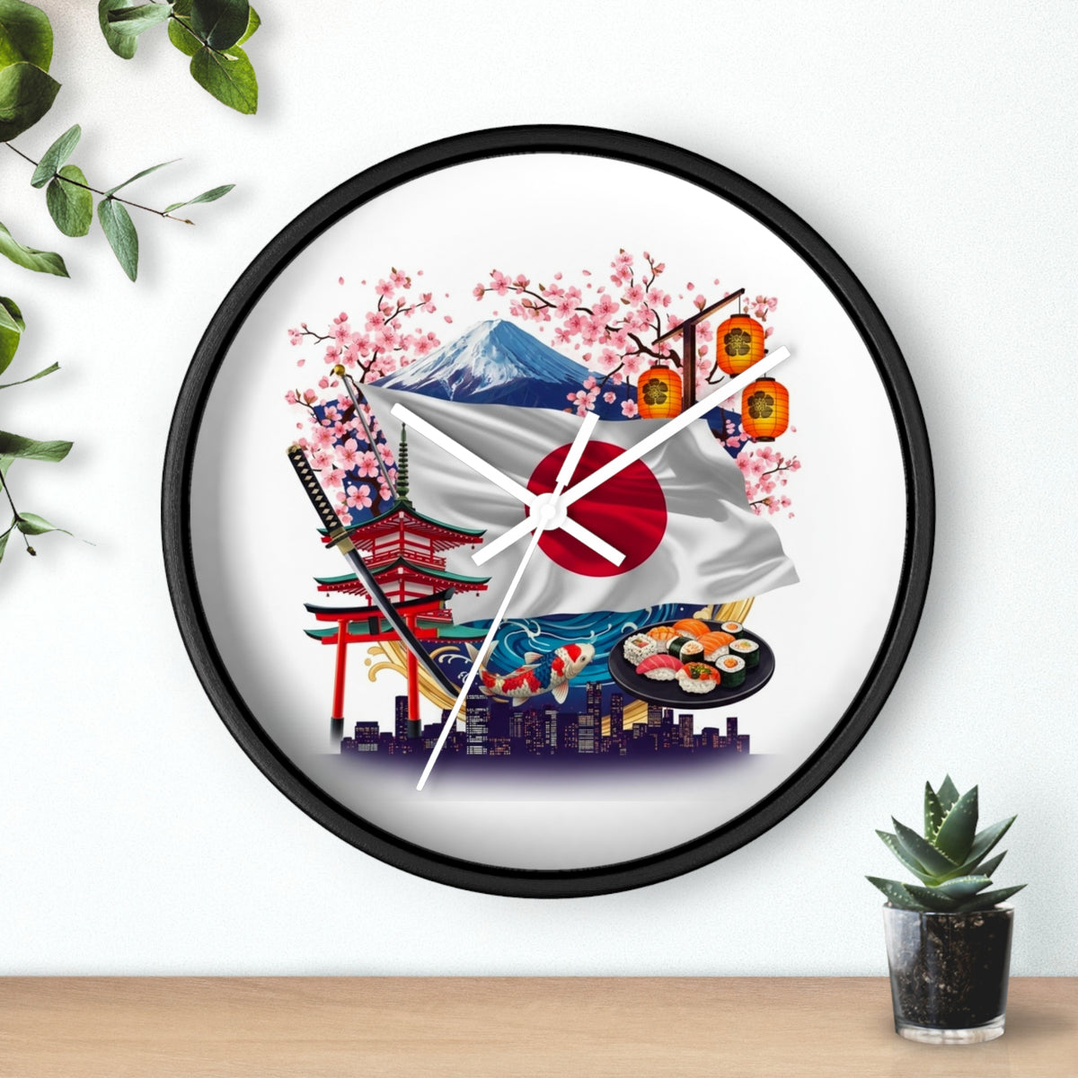 Japanese Flag Wall Clock — Mount Fuji, Sakura & Sushi Decorative Clock