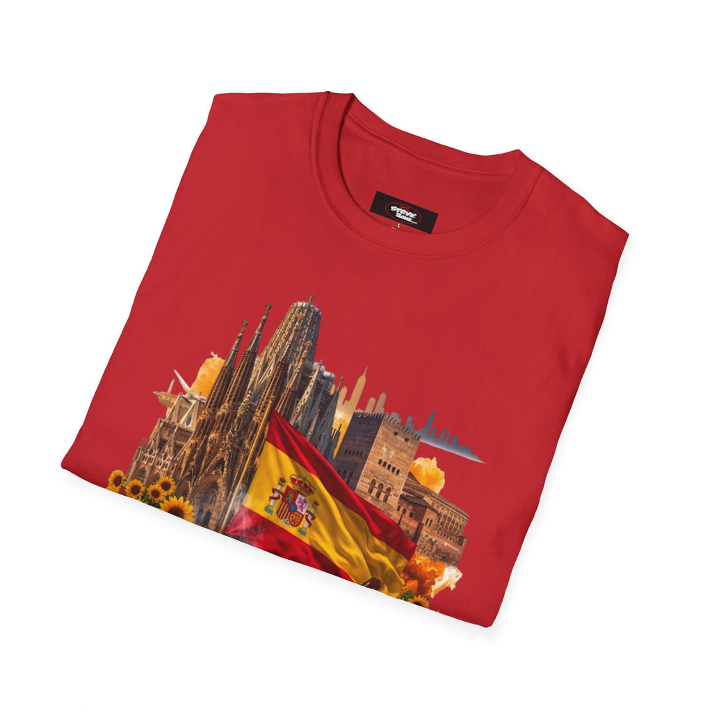 Spain Travel Collage T-Shirt — Paella, Guitar & Spanish Flag Graphic Tee