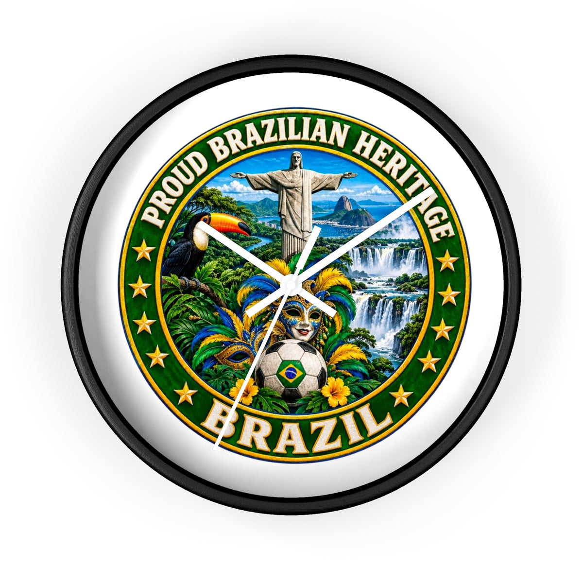 Brazil Wall Clock — Proud Brazilian Heritage Decorative Clock (Carnival, Cristo Redentor, Iguazu Falls)