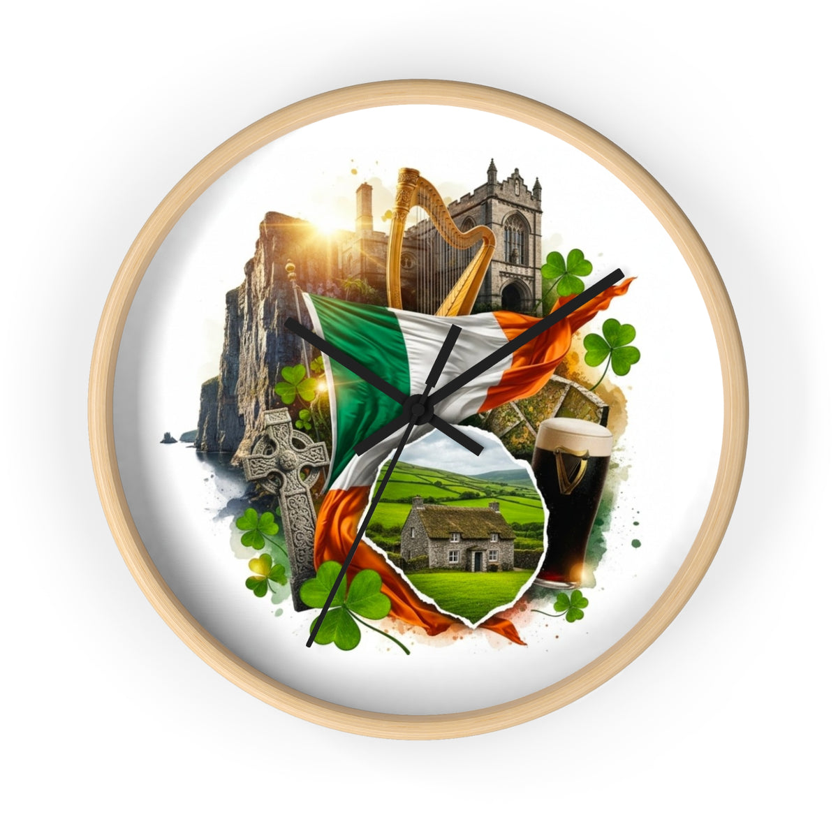 Irish Heritage Wall Clock — Celtic Flag, Shamrocks, Harp & Pub Pint Decor