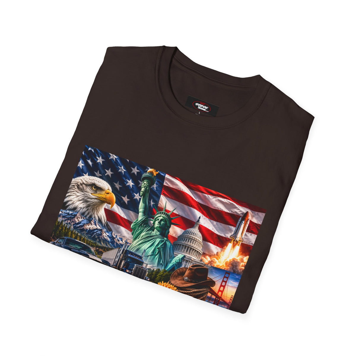 Patriotic USA Montage T-Shirt – Eagle, Statue of Liberty & American Flag Design