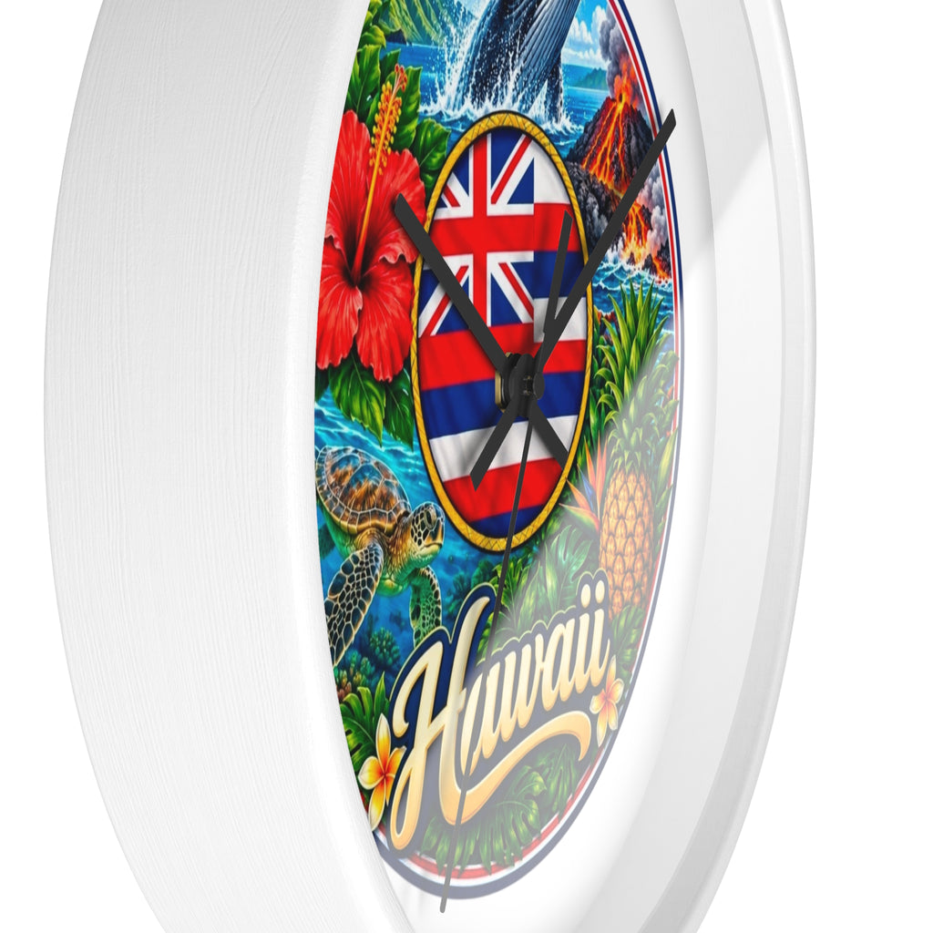 Hawaii Tropical Souvenir Wall Clock — Hawaiian Flag, Hibiscus, Pineapple & Whale Design