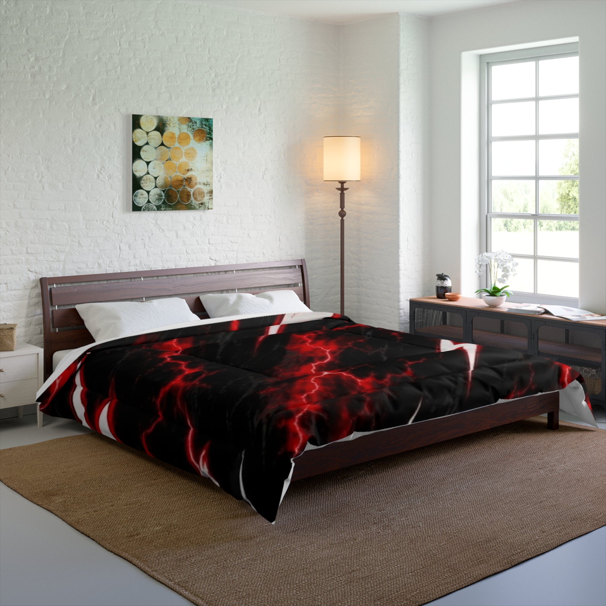 Lightning Bolt Comforter — Black & Red Electric Storm Bed Cover