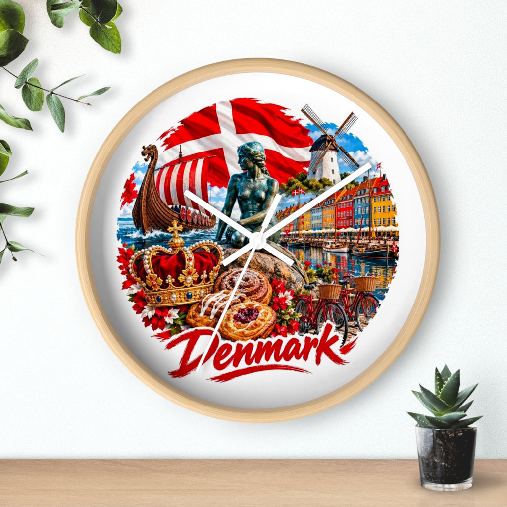 Denmark Wall Clock — Copenhagen Icons: Little Mermaid, Nyhavn, Viking Longship & Danish Pastries