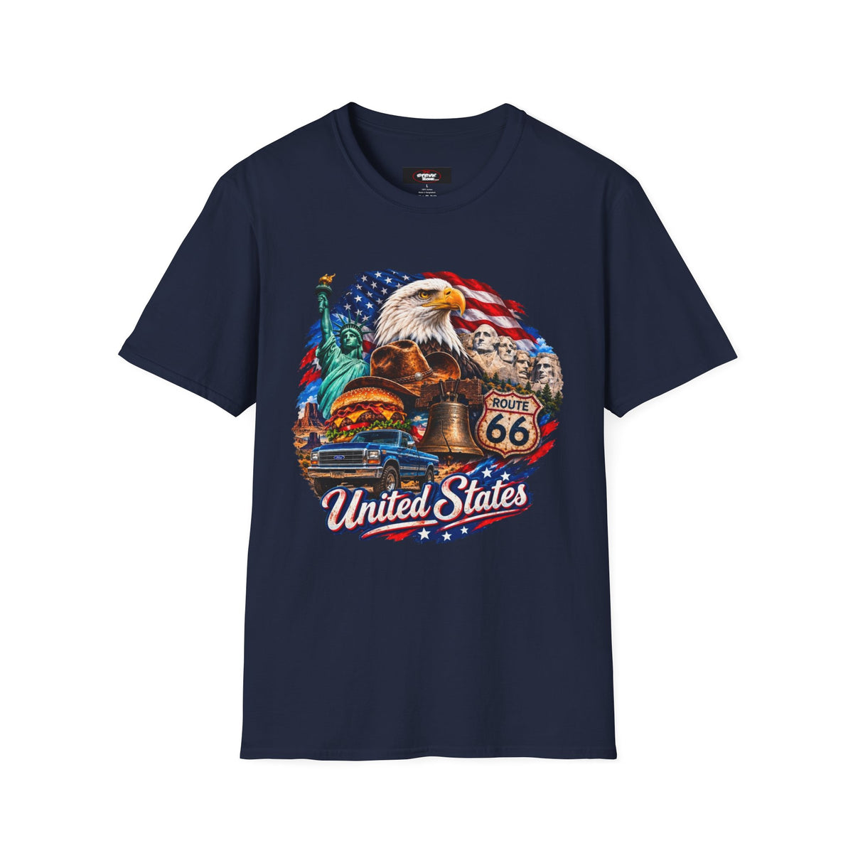 United States Patriotic T-Shirt — Bald Eagle, Statue of Liberty & Route 66 Design