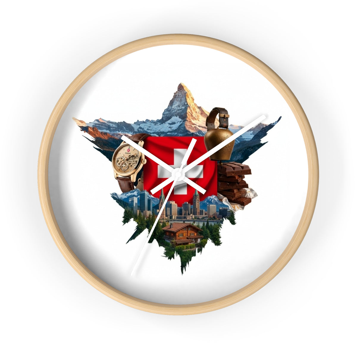 Swiss Heritage Wall Clock – Alpine Crest Design with Swiss Flag, Mountain & Chalet Elements