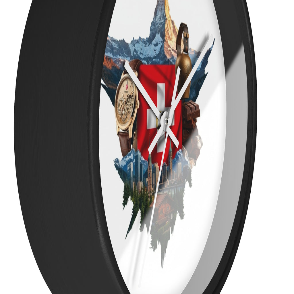 Swiss Heritage Wall Clock – Alpine Crest Design with Swiss Flag, Mountain & Chalet Elements