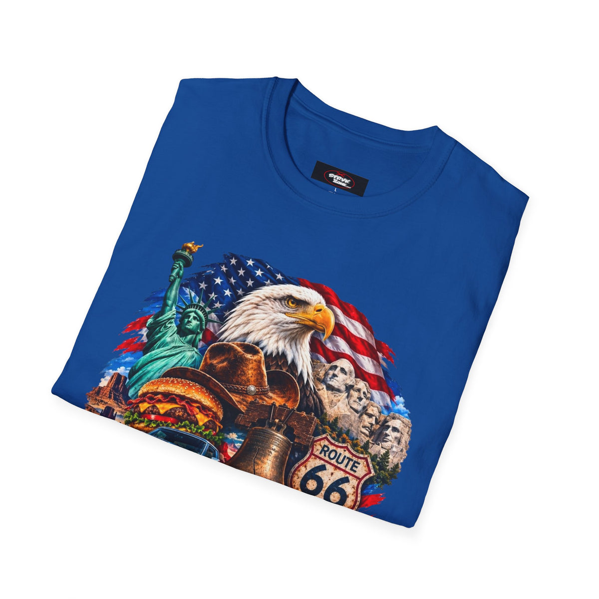 United States Patriotic T-Shirt — Bald Eagle, Statue of Liberty & Route 66 Design
