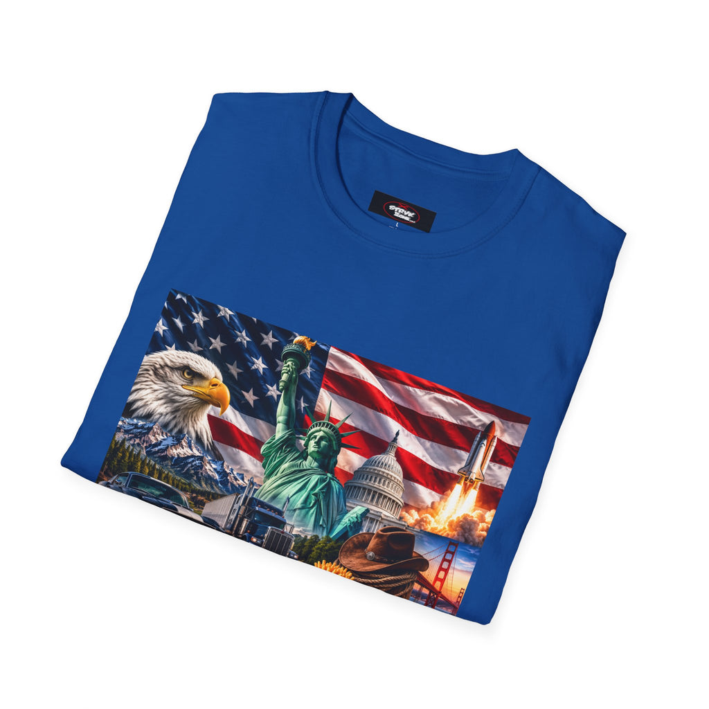 Patriotic USA Montage T-Shirt – Eagle, Statue of Liberty & American Flag Design
