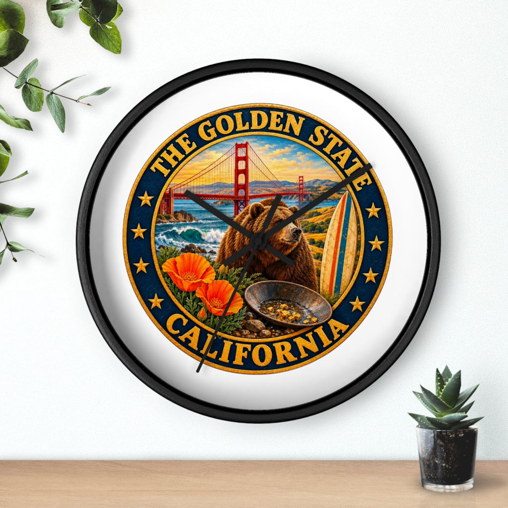 California Golden State Wall Clock — Golden Gate, Bear & Poppies Retro Travel Decor