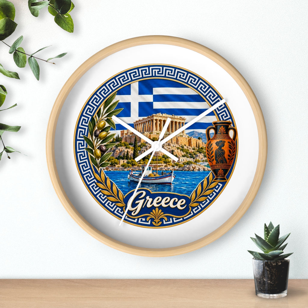 Greece Decorative Wall Clock — Parthenon, Olive Branch & Greek Flag Design