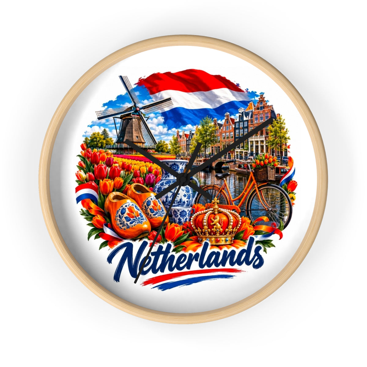 Netherlands Wall Clock – Dutch Tulips, Windmill & Canal Souvenir Clock