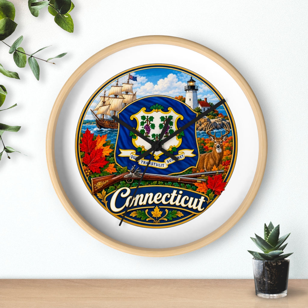Connecticut State Emblem Wall Clock — Scenic Lighthouse, Ship & Maple Leaf Decor