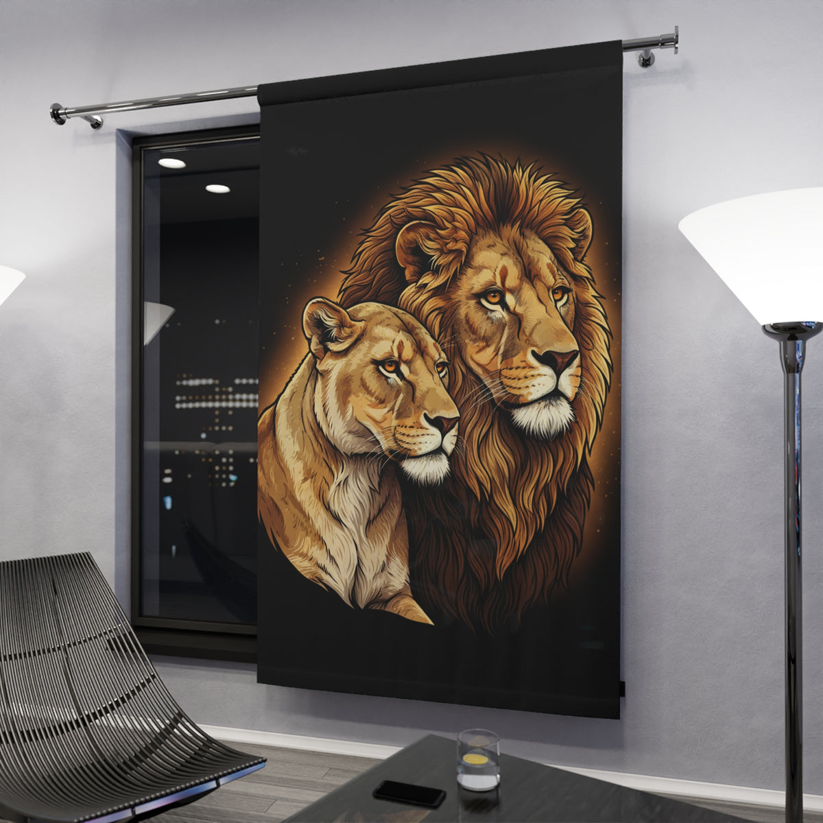 Lion Couple Window Curtain — Majestic Lion & Lioness Black Drapery