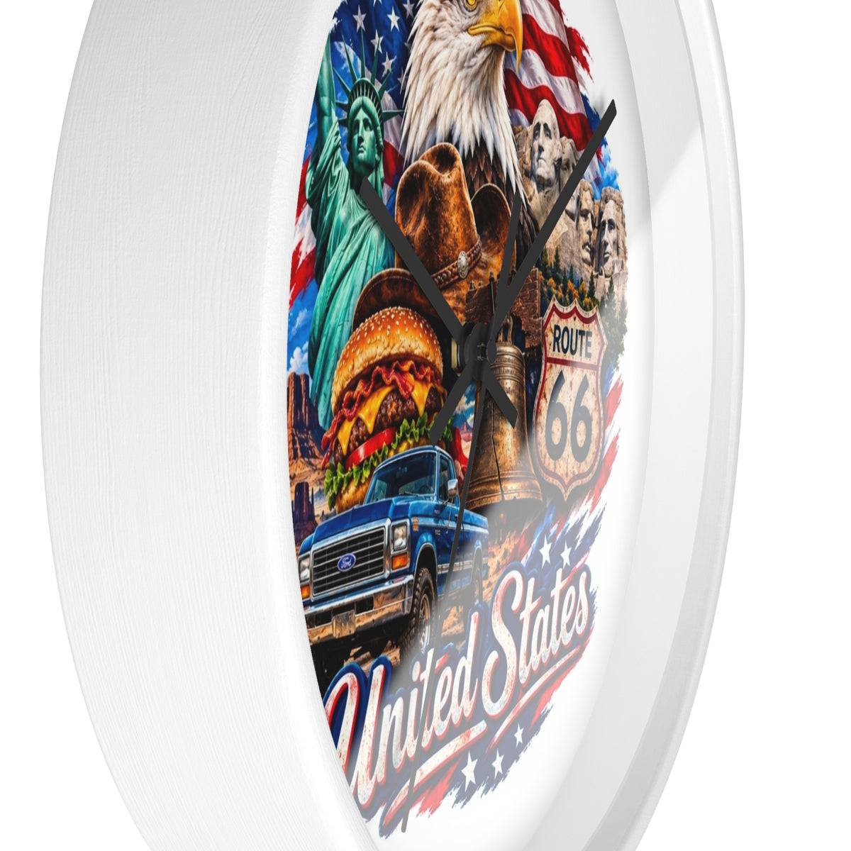 United States Patriotic Wall Clock — Eagle, Route 66 & American Landmarks