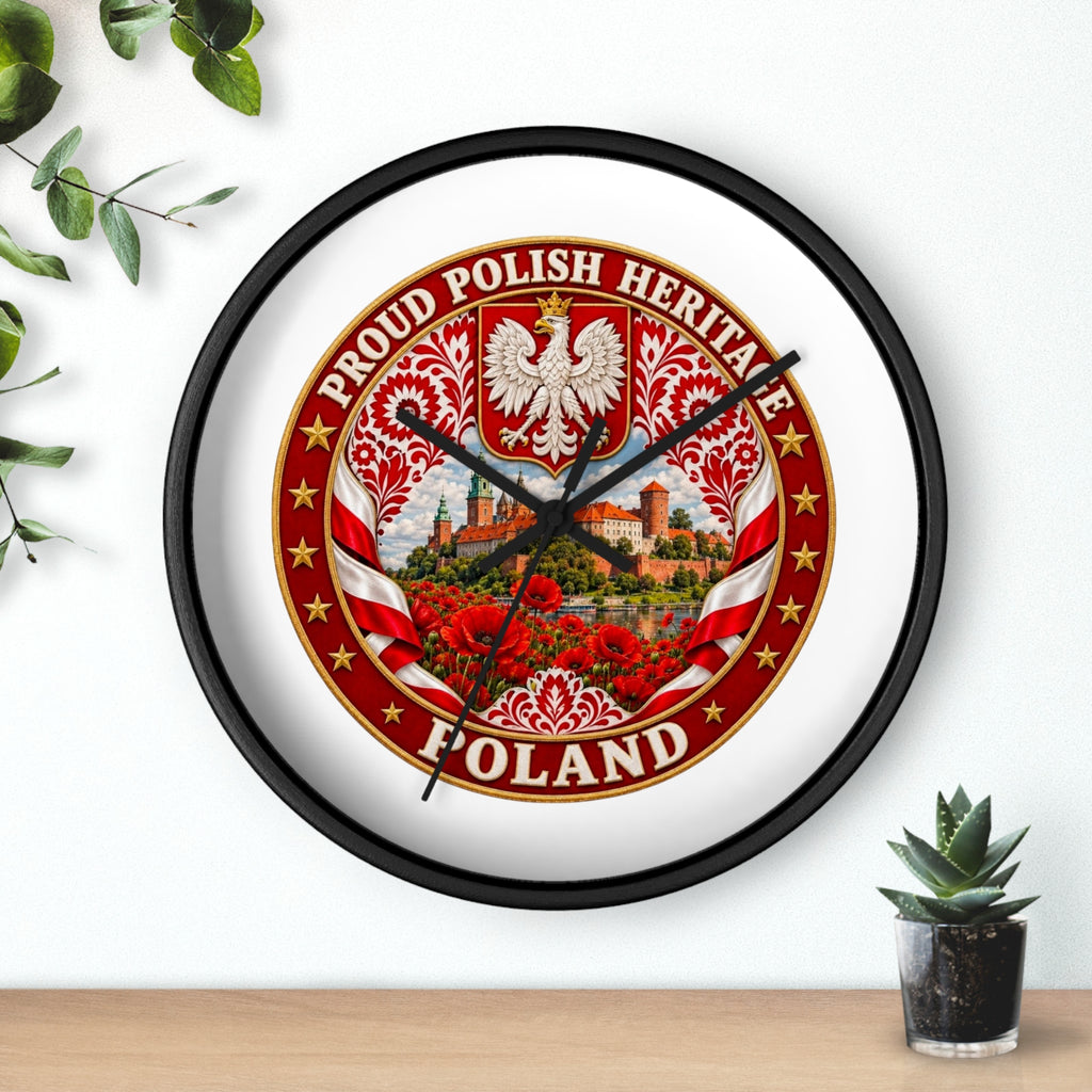 Poland Wall Clock — Proud Polish Heritage Design (Eagle, Castle & Poppies)