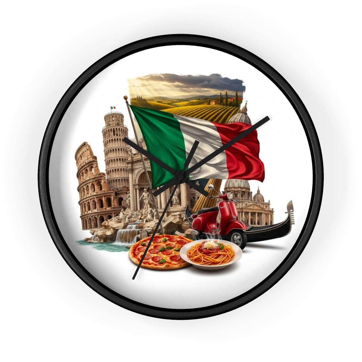 Italian Landmarks Wall Clock — Pizza, Vespa & Flag Heritage Decor