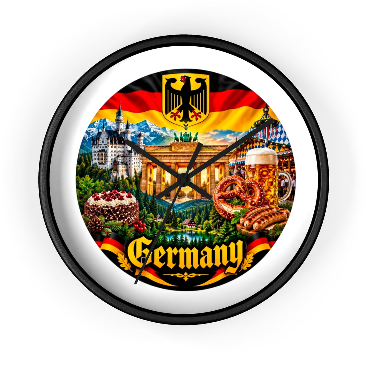 Germany Wall Clock — Travel Landmark Decor with Flag, Bavarian Pretzels & Beer