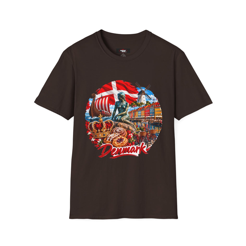 Denmark Travel T-Shirt — Copenhagen Landmarks & Viking Collage Tee