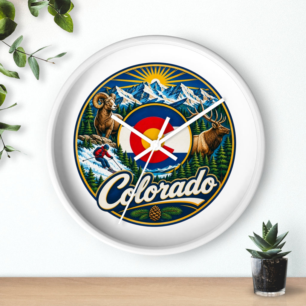 Colorado Mountain Scenic Wall Clock — Skiing, Elk & Bighorn Sheep Design