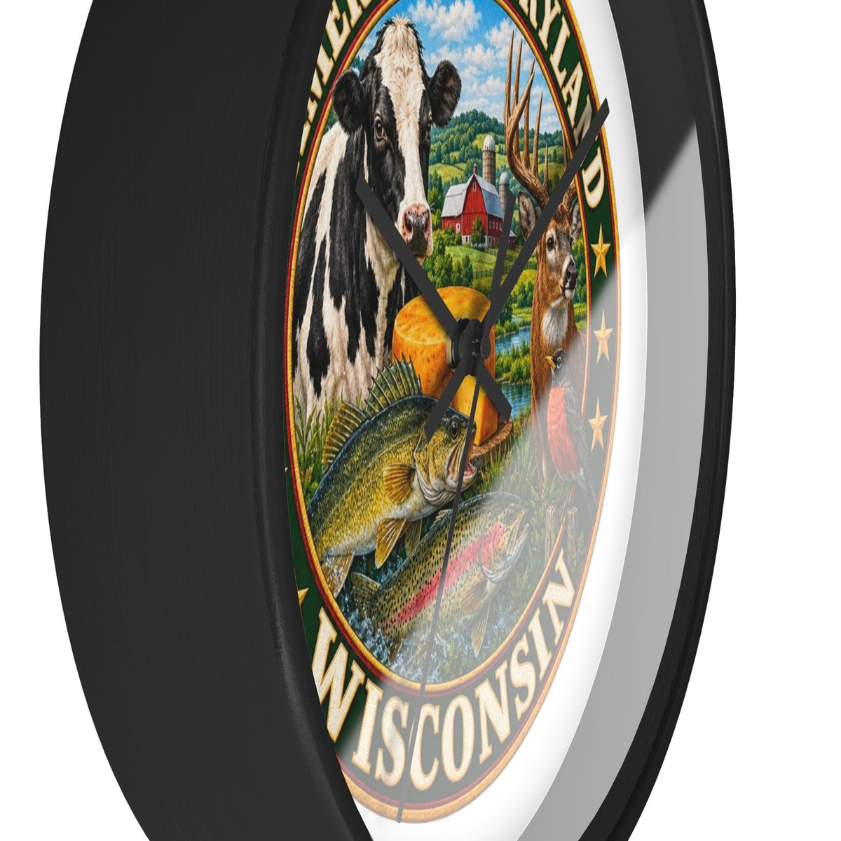Wisconsin Wall Clock — "America's Dairyland" Rustic Farm & Wildlife Clock