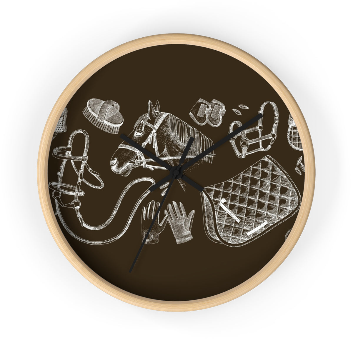 Equestrian Gear Wall Clock — Vintage Horse Tack Silhouette