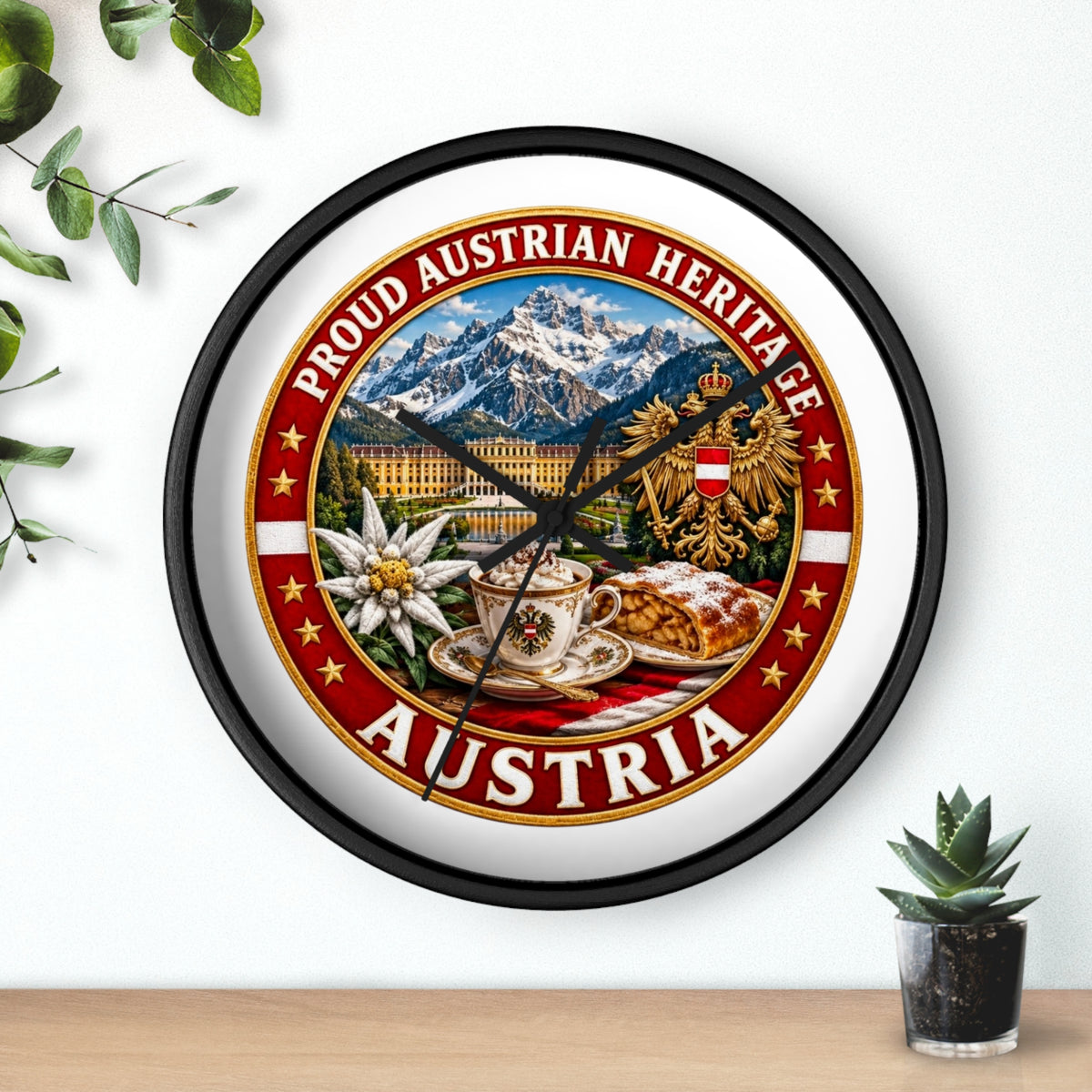 Austria Heritage Wall Clock — Proud Austrian Mountains & Coffee Scene