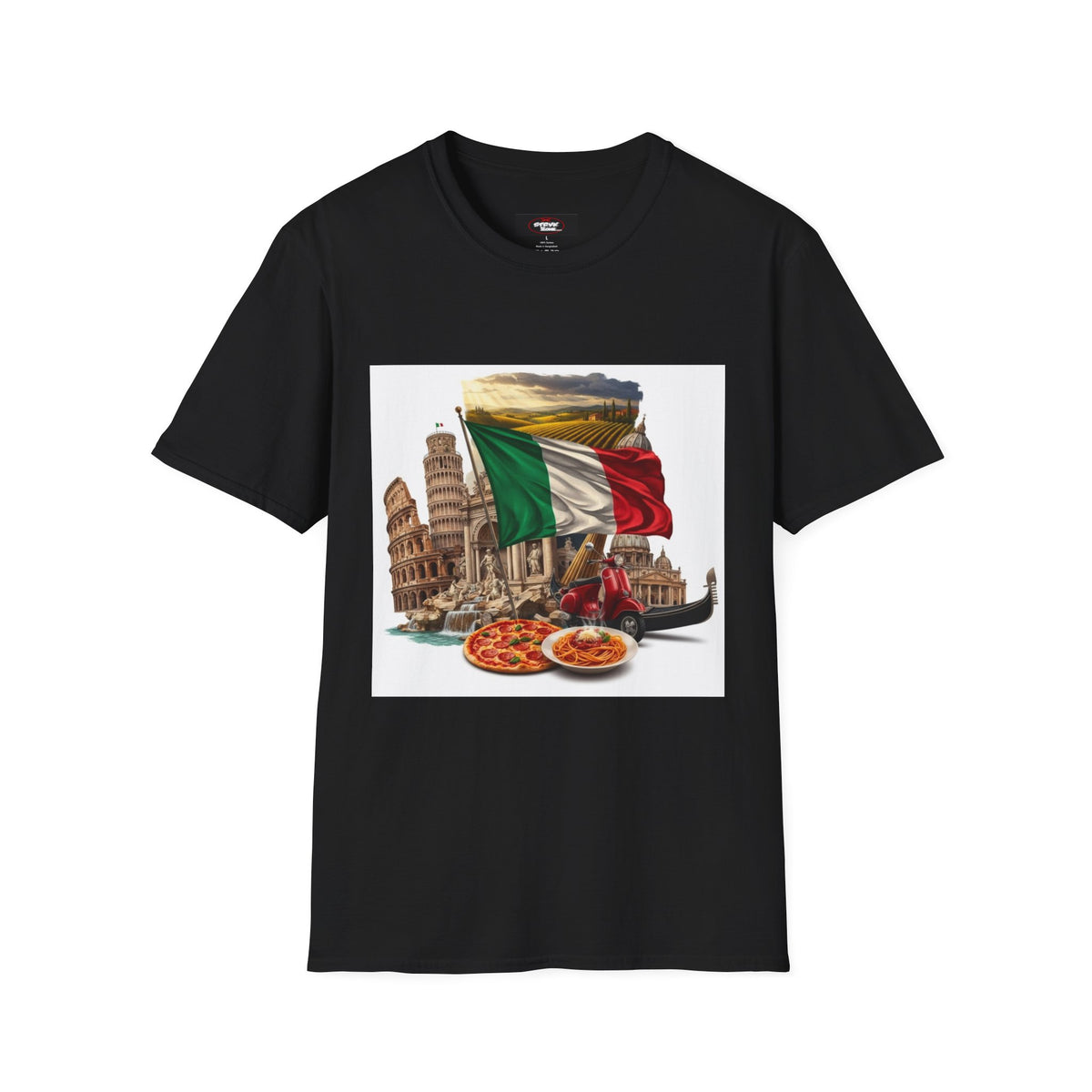 Italian Landmarks & Cuisine T-Shirt — Pizza, Colosseum & Flag Graphic