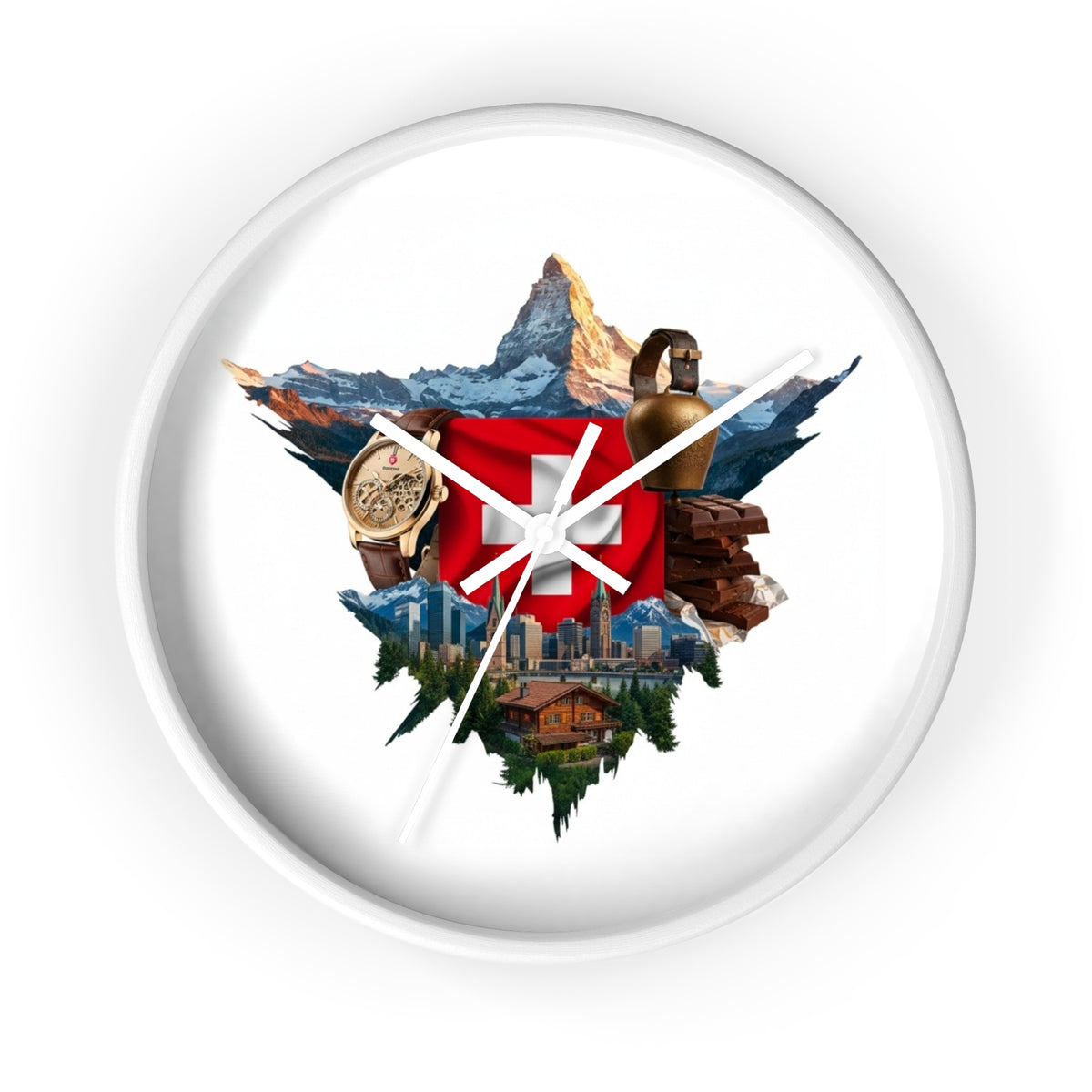 Swiss Heritage Wall Clock – Alpine Crest Design with Swiss Flag, Mountain & Chalet Elements