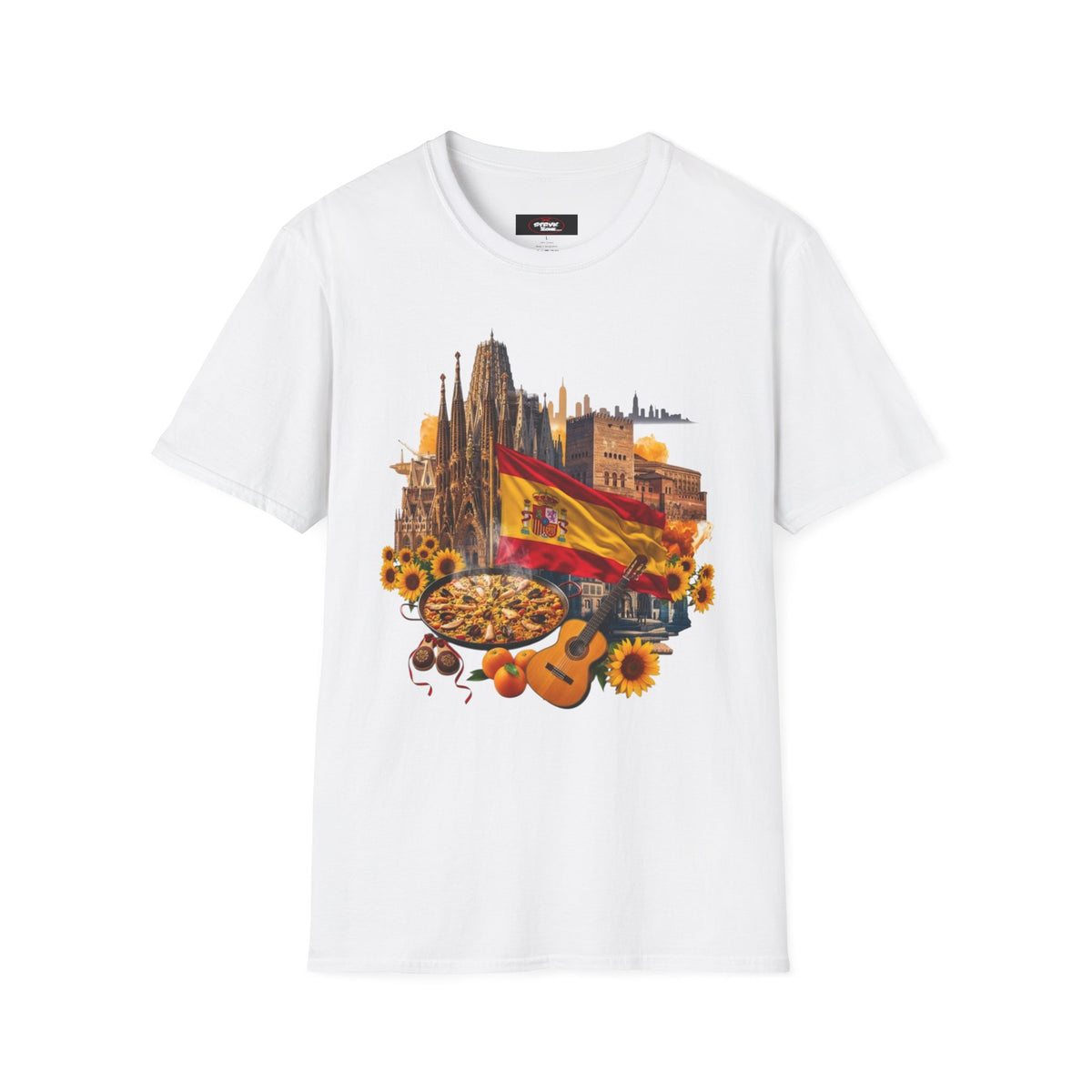 Spain Travel Collage T-Shirt — Paella, Guitar & Spanish Flag Graphic Tee