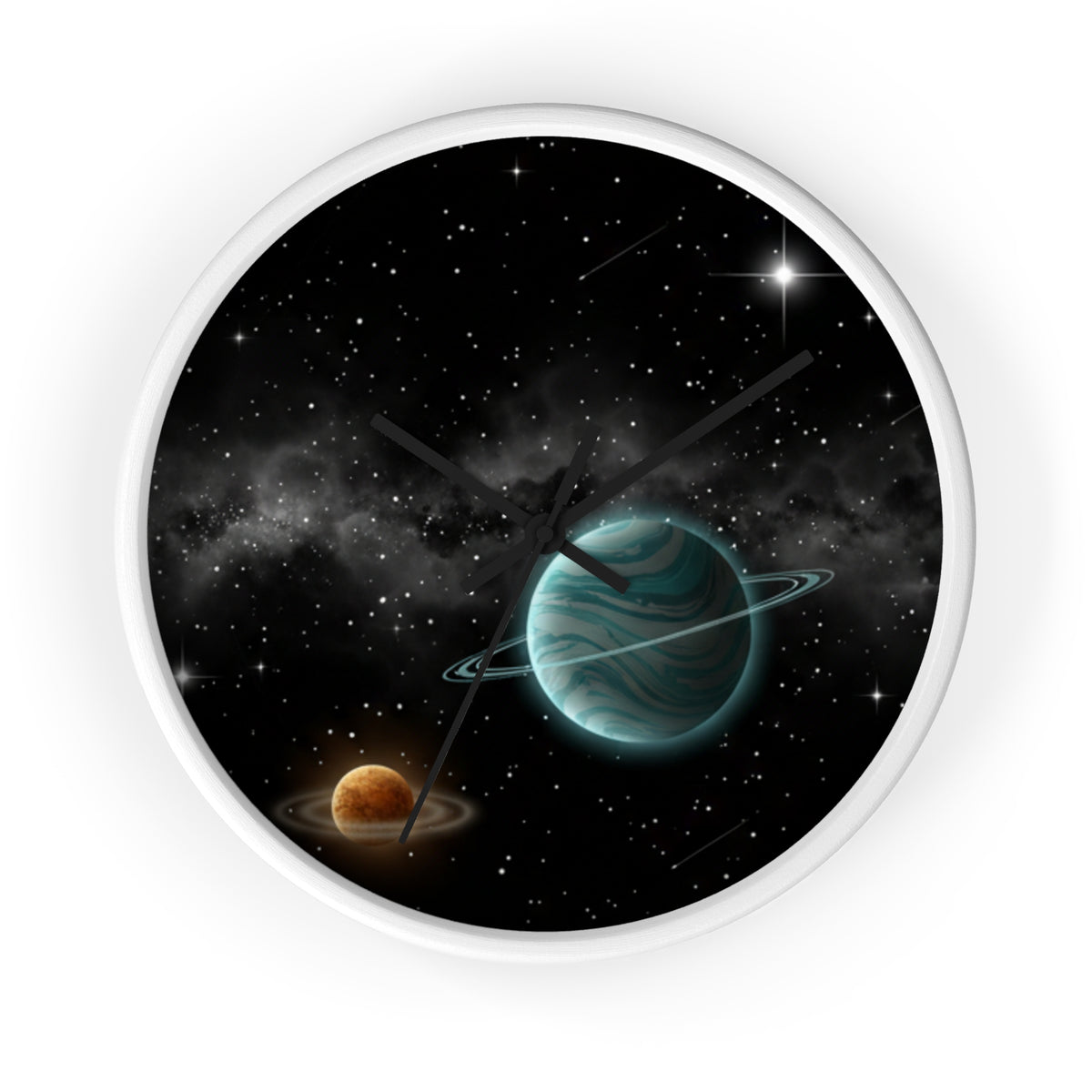 Space Planet Wall Clock — Teal Ringed Planet & Starfield Decorative Clock