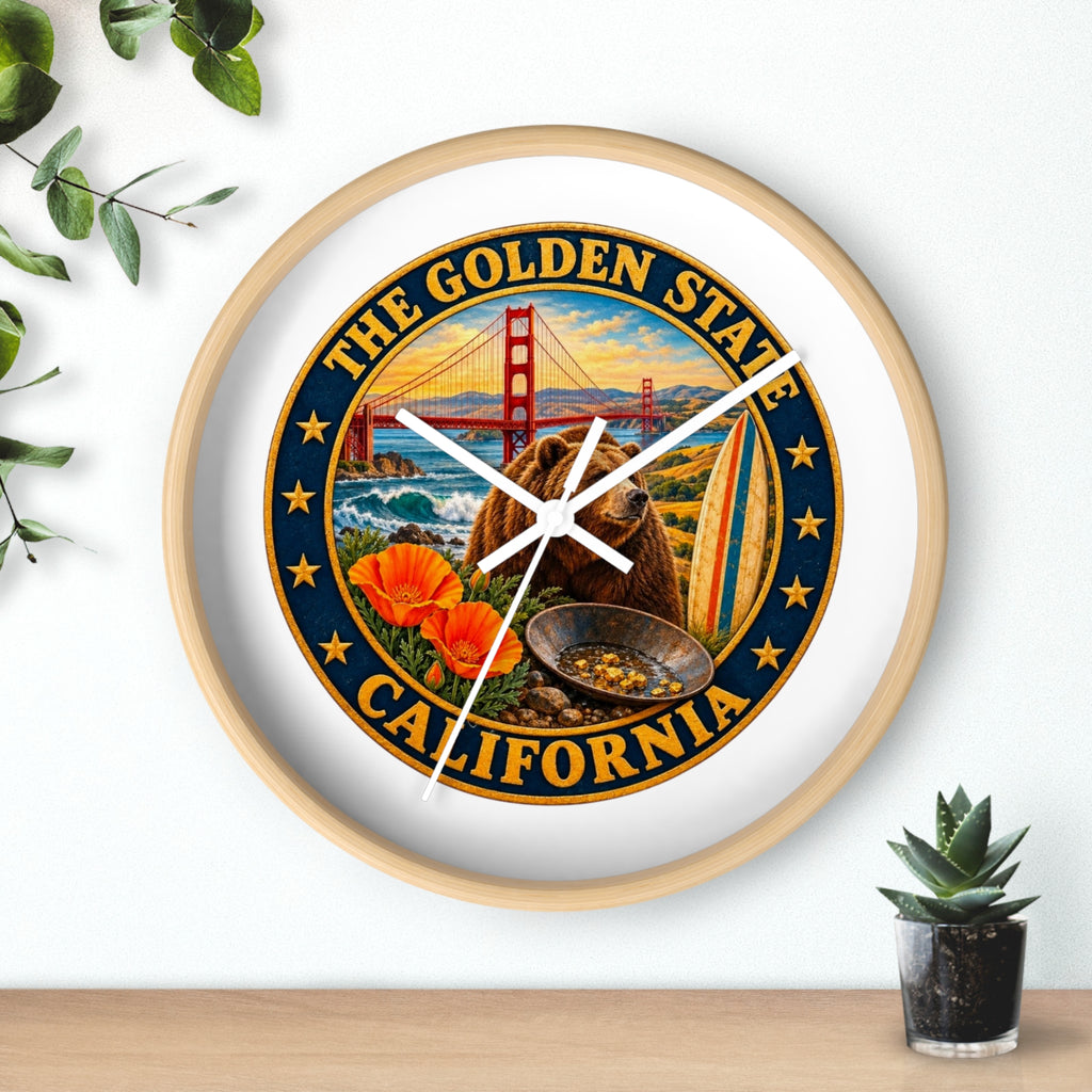 California Golden State Wall Clock — Golden Gate, Bear & Poppies Retro Travel Decor
